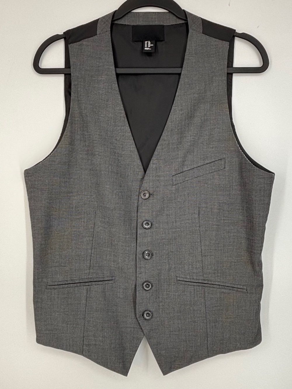 H&M Mens 40R Regular Five Button Front Suit Vest Waistcoat Black Gray Pockets